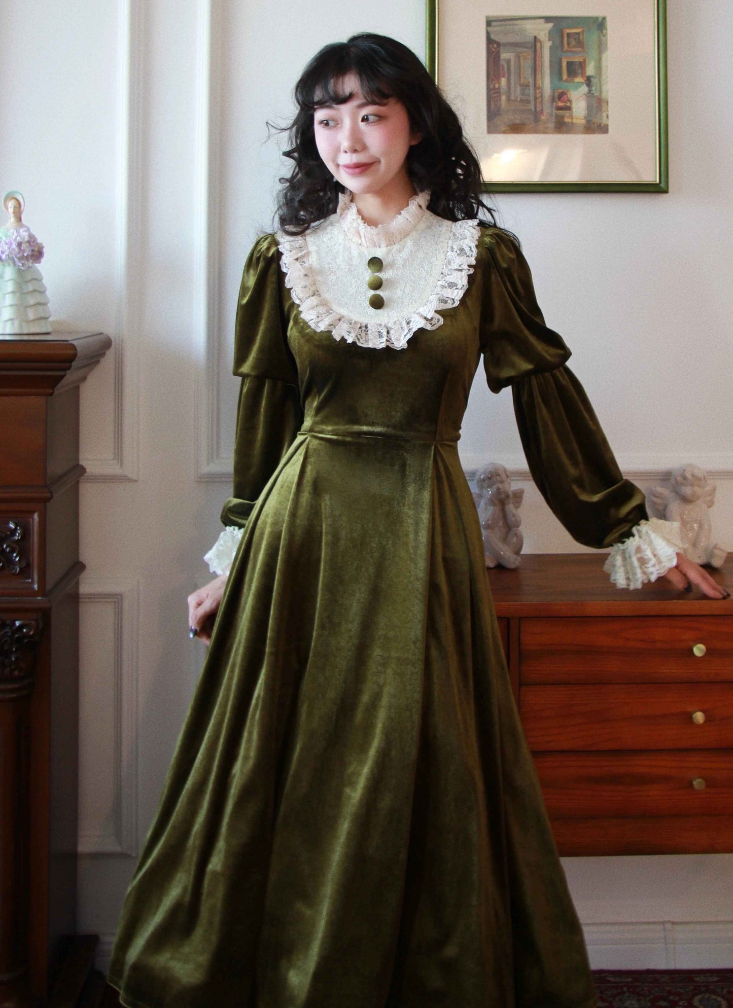 Vintage 30s Lace Stitched Velvet Dress