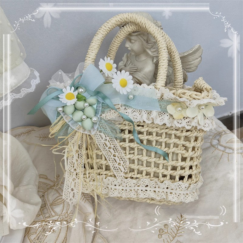 Retro Cottagecore Flower Embellished Straw Bag