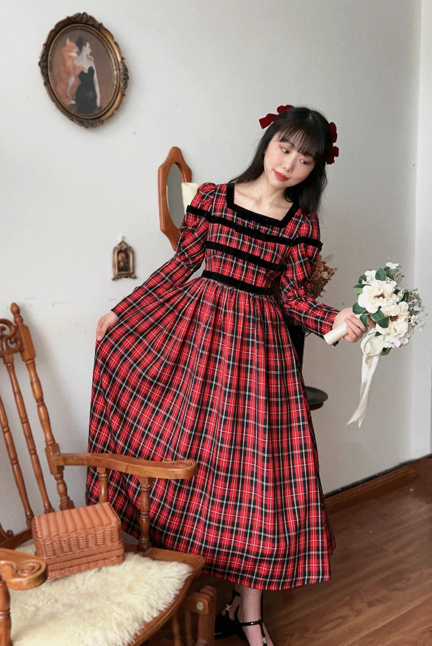 Vintage 70s Tartan Puff Sleeves Dress