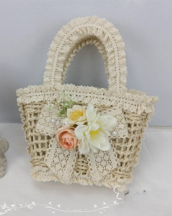 Retro Cottagecore Flower Embellished Straw Bag