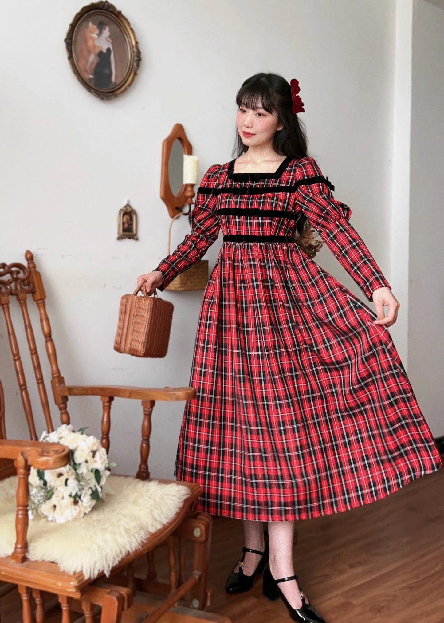 Vintage 70s Tartan Puff Sleeves Dress