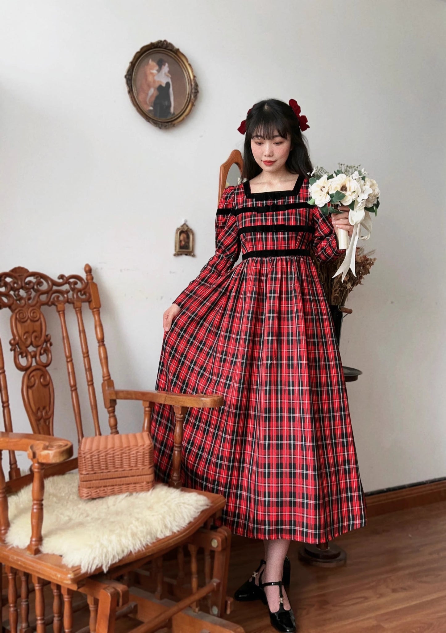 Vintage 70s Tartan Puff Sleeves Dress