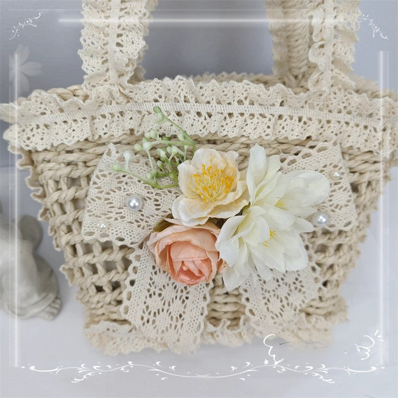 Retro Cottagecore Flower Embellished Straw Bag