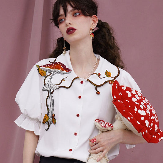 Cottagecore Mushroom Embroidery Blouse Top