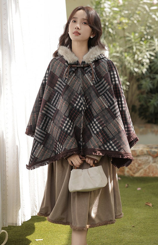 Retro Academia Plaid Hooded Cape