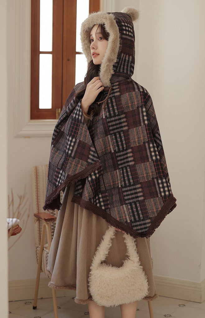 Retro Academia Plaid Hooded Cape