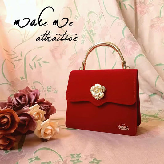 Vintage Camellia Velvet Red Hand Bag