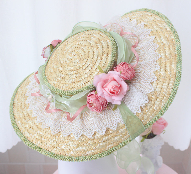 Handmade Vintage Straw Flower Bonnet Straw Hat