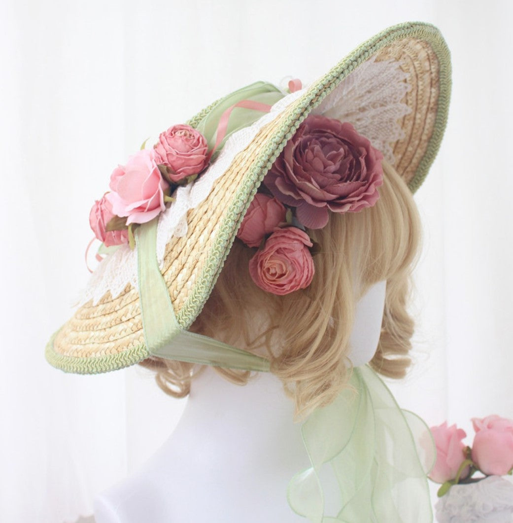 Handmade Vintage Straw Flower Bonnet Straw Hat