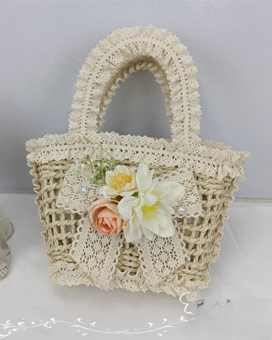 Retro Cottagecore Flower Embellished Straw Bag