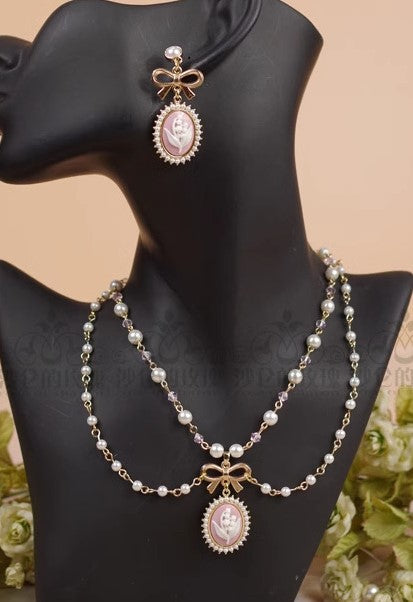 Handmade Vintage Cameo Ear Pins & Necklace