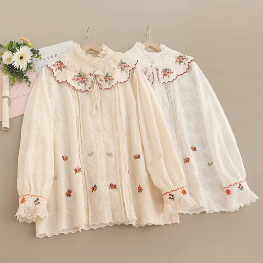 Retro Cottagecore Embroidery Cotton Top